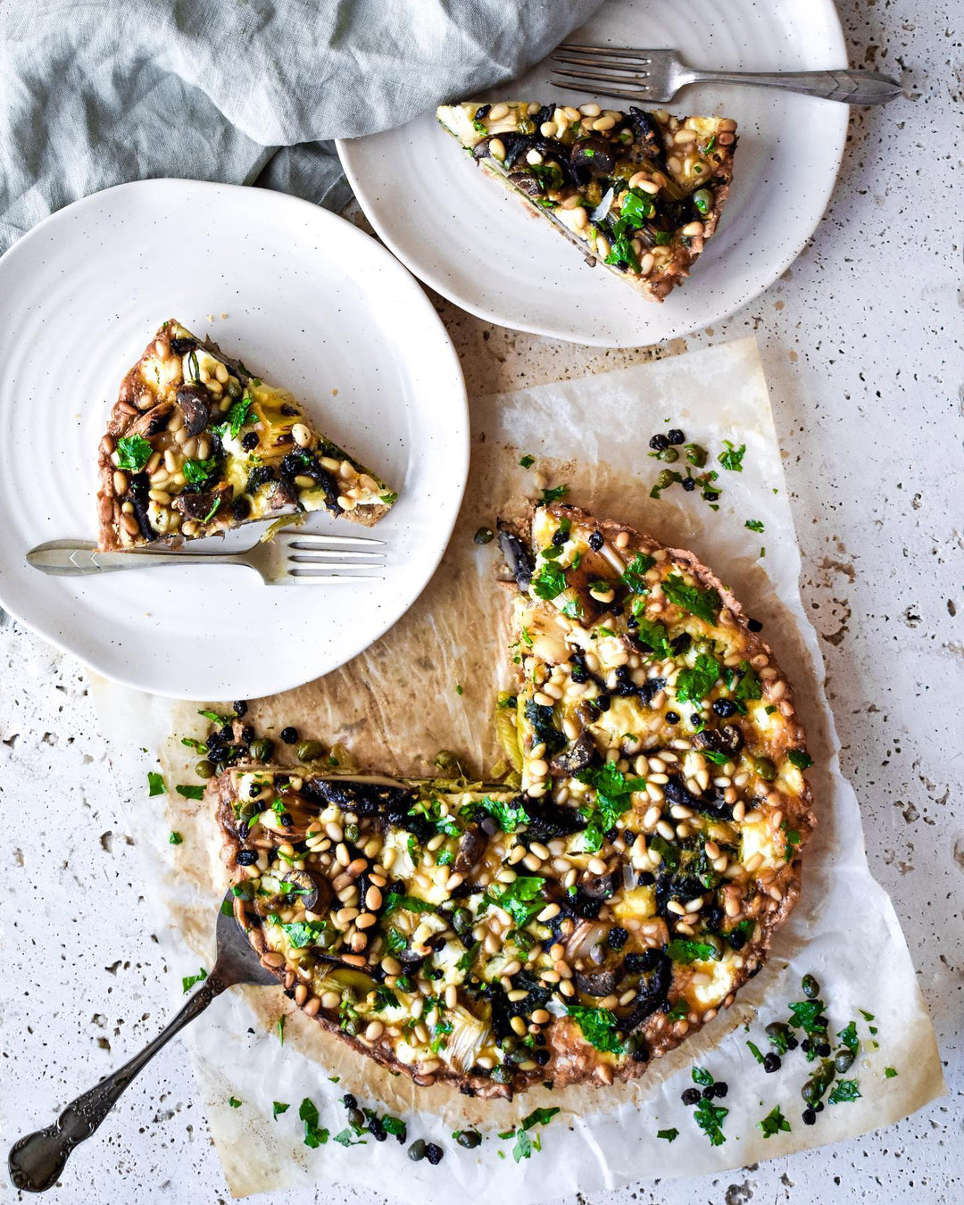 Truffled Mushroom, Leek, Silverbeet & Goat Cheese Quiche (with pine nuts and caper currant sprinkle)
