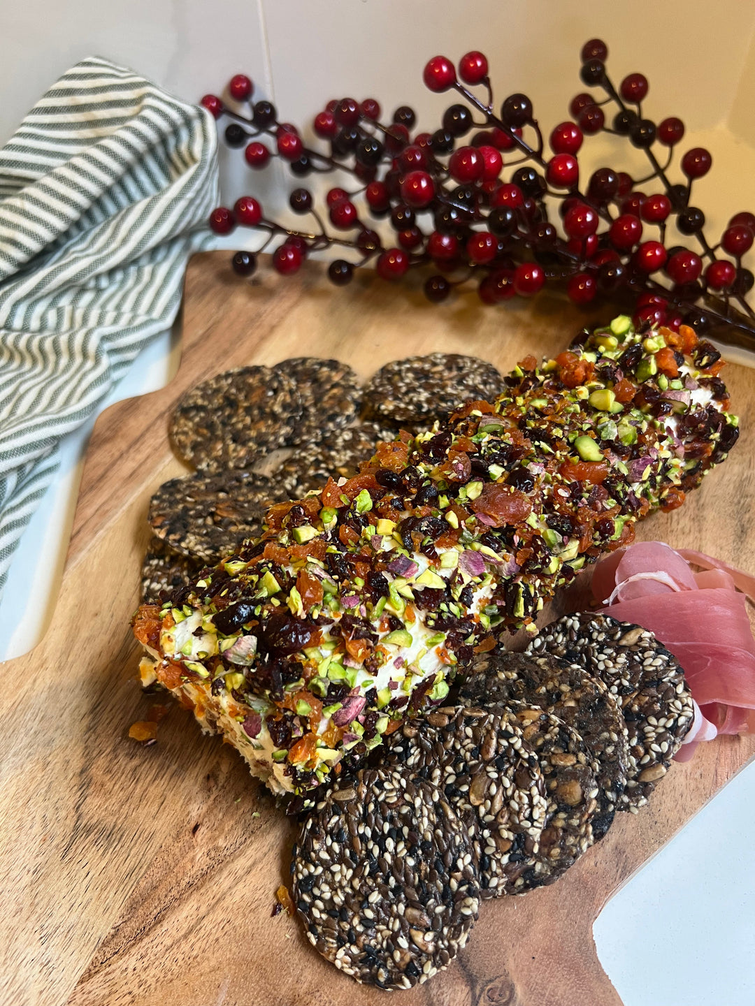 Festive Cheese Log with Apricots, Cranberries & Pistachios
